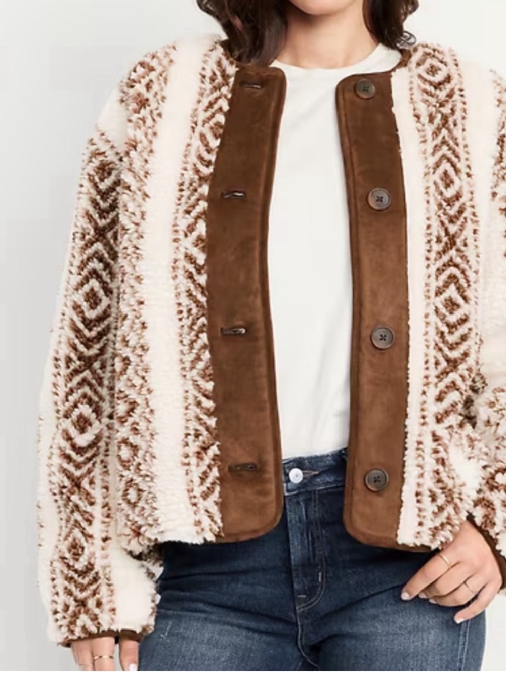 Old Navy Cream and Brown Patterned Fuzzy Jacket
